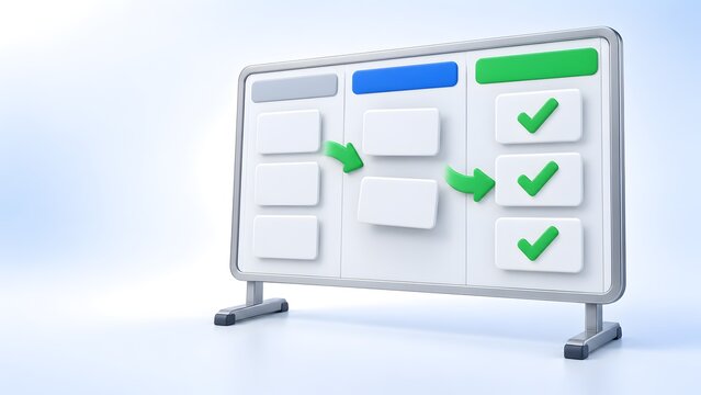 3D render of agile task management board with moving cards and green checkmarks indicating completed project milestones