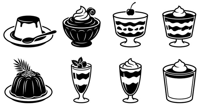 a collection of black and white vector illustrations of various types of pudding