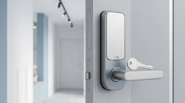 Modern Smart Lock with Key in Door.