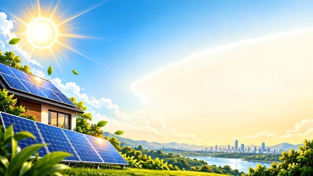 Modern House with Rooftop Solar Panels in a Sunny Green Landscape