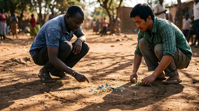 Two men playing marbles on dusty ground outdoors during daytime