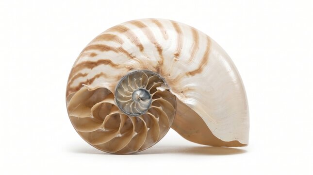 Cross section of a chambered nautilus shell showing the internal spiral structure isolated on white background