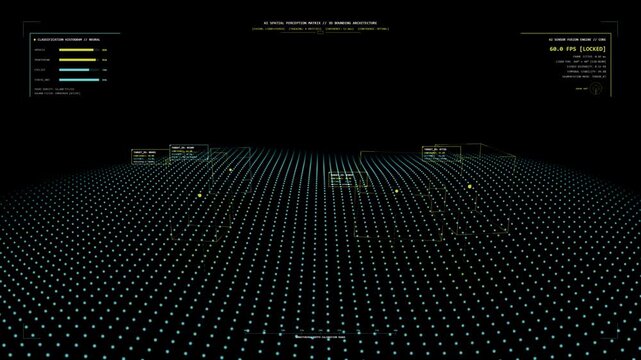 Seamless 4K 60FPS 3D animation of an autonomous vehicle AI perception system with 3D tracking bounding boxes, terrain LiDAR point cloud grid, and holographic HUD data telemetry on pure black.