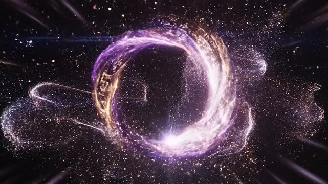 Rotating glowing ring with glitter particles in a colorful display of light and energy