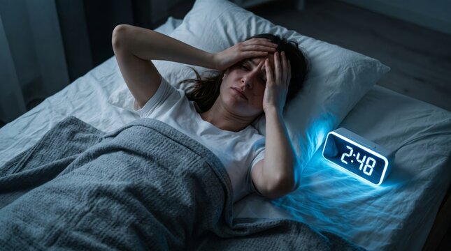 Stressed woman lying in bed awake at night looking at a digital clock showing 248 am, suffering from insomnia and sleep deprivation
