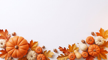 Fototapeta premium Autumn Pumpkin Border with Colorful Leaves and Gourds for Thanksgiving Seasonal Marketing Designs