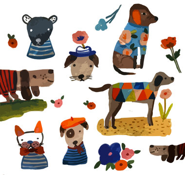 Cute cartoon dogs in pajamas with flowers; isolated vector illustration