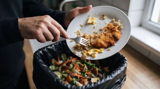 Person scraping leftover fried rice and breaded chicken cutlet from a white plate into a kitchen trash bin with food scraps