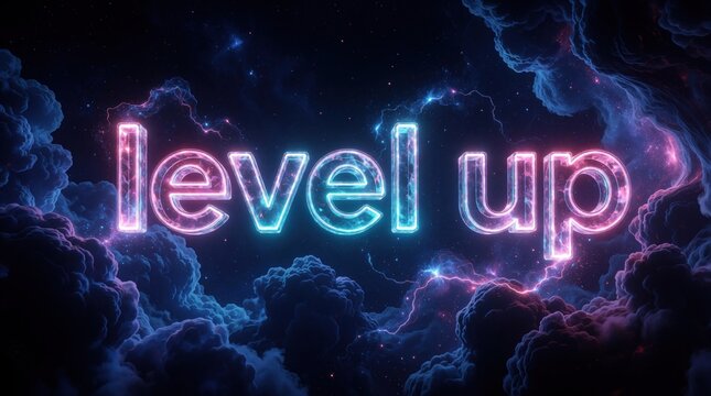 Glowing neon level up text floats in deep cosmic space. Pink, blue light illuminates dark clouds, bright stars. Futuristic digital font represents gaming progress, success, achievement in galaxy.