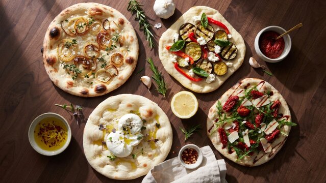 Top view of four different gourmet flatbread pizzas with fresh vegetables, herbs, and toppings arranged on a rustic wooden table