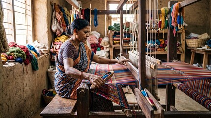 Obraz premium Skilled artisan woman weaving colorful fabric on a traditional loom in a rustic workshop
