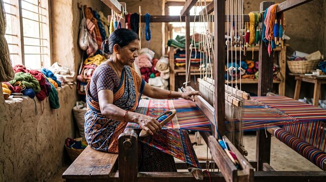 Skilled artisan woman weaving colorful fabric on a traditional loom in a rustic workshop