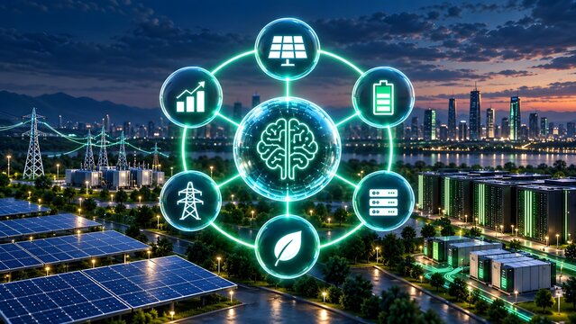 Artificial intelligence dashboard managing renewable energy ecosystem with solar panels and battery storage in a smart city