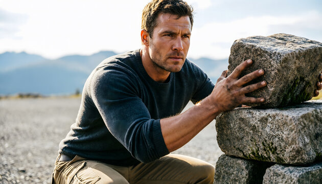 Entrepreneur lifting a heavy but manageable stone onto the top of a simple stacked structure.