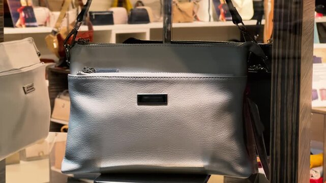 Silver Leather Handbag Display in Shop Window Close Up | Metallic Crossbody Bag with Zipper and Chain Strap | Fashion Boutique Storefront