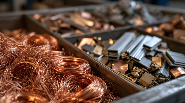 Scrap Metal Assortment: A close-up view showcases a compartmentalized bin filled with various types of scrap metal, including copper wire and aluminum pieces.