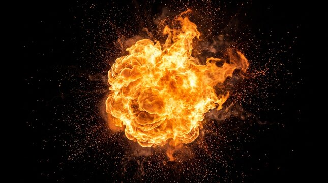 Intense Orange Fire Explosion With Sparks on Black Background