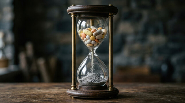 Hourglass with pills in top chamber and sand in bottom symbolizes micronutrient deficiency and urgency of addressing health concerns timely