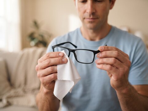 Person wiping eyeglasses lenses with a soft cloth to remove smudges and dirt cleaning spectacles eyeglasses microfiber optometry maintenance polishing eyesight optician removing