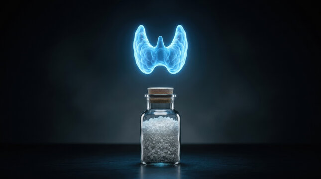 Thyroid gland concept with salt jar representing micronutrient deficiency affecting hormone production and health in dark background