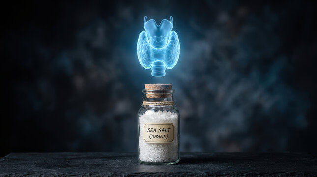 Iodine supplement concept with sea salt in glass jar and glowing thyroid gland above showing micronutrient deficiency health issue