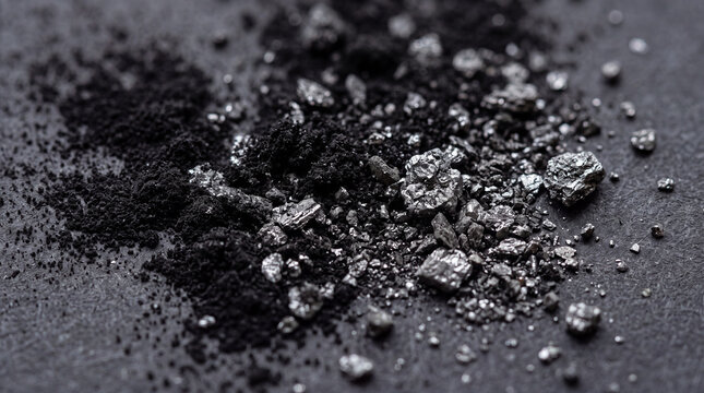 Macro close up shot of dark graphite powder and metallic carbon chunks