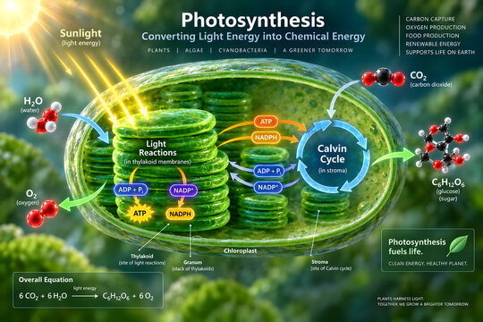 Photosynthesis Process in Chloroplast with Light Reactions and Calvin Cycle
