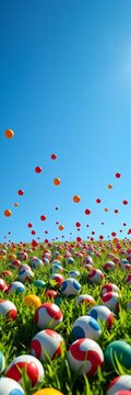 Colorful balls scattered across green grass under blue sky