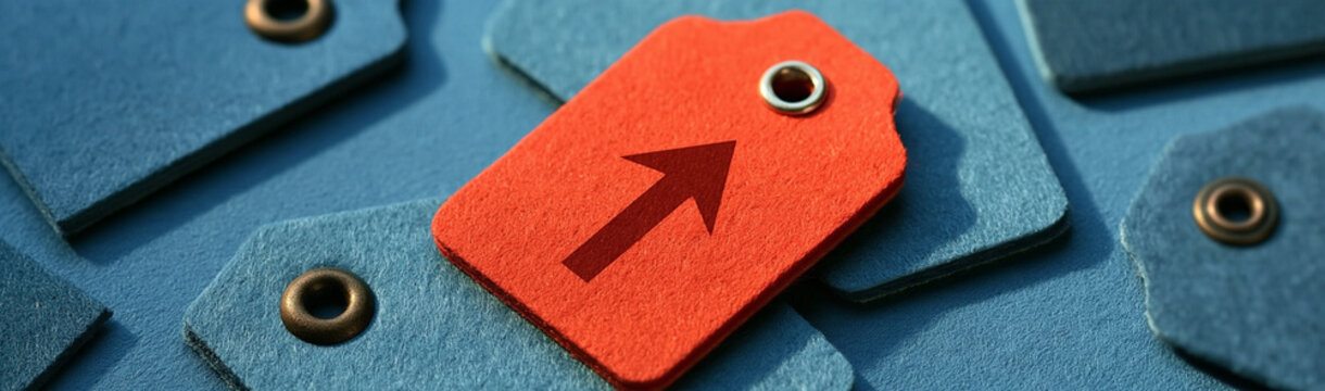 Red Tag with Upward Arrow: A prominent red tag with an upward-pointing arrow stands out amidst a cluster of blue tags, symbolizing growth, progress, and increased value.