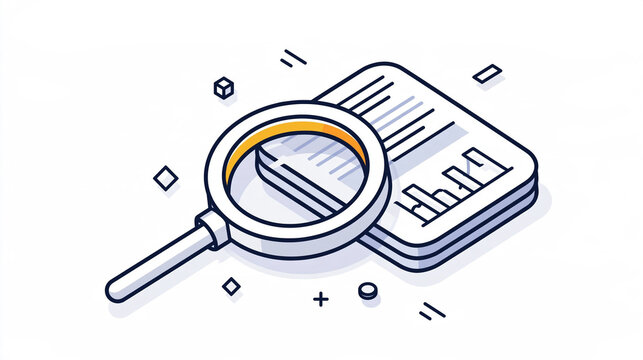 Magnifying Glass Over Data Analysis: An isometric illustration of a magnifying glass positioned over a document filled with charts and graphs, symbolizing research, data analysis, and discovery.