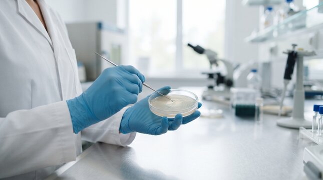 Scientist in gloves holding a petri dish and using a metal tool inside a sterile laboratory environment with scientist laboratory research microbiology experiment biologist analysis