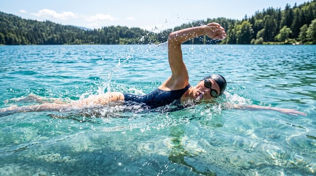 Woman swimming freestyle in a clear blue lake surrounded by lush green forest and mountains on a sunny day