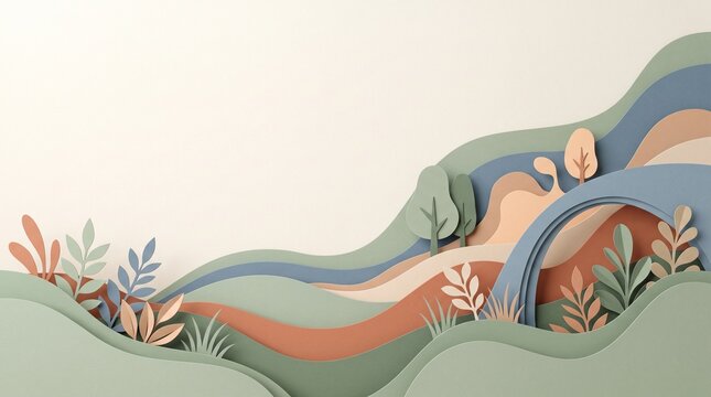 Paper Cut Landscape Background with 3D Layered Hills and Trees in Pastel Earthy Tones for Minimalist Nature Design, Environmental Concept Illustration and Copy Space for Text