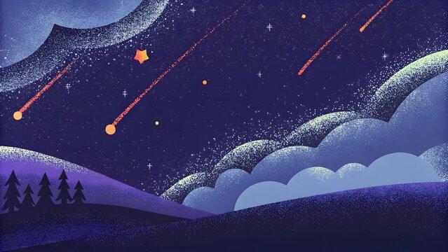 Night starry sky with shooting stars. Astronomy and magical nighttime landscape concept. Glowing comets and meteor shower over rolling hills and forest