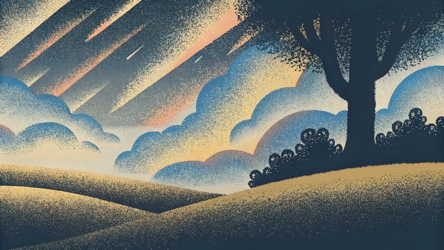 Sunrise landscape with rolling hills and trees. Nature and peaceful morning countryside concept. Silhouette of large tree on hill against cloudy sky