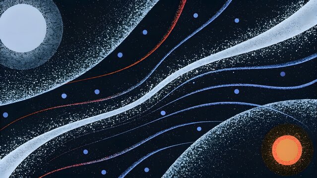 Cosmic space exploration and galaxy orbits. Astronomy and universe background concept. Glowing celestial planets and star trails in night sky