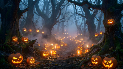 Fototapeta premium Spooky Halloween forest filled with glowing jack-o-lanterns and mysterious fog at night.