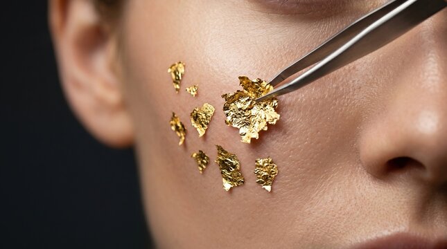 Macro close up of esthetician applying luxury 24k gold leaf flakes onto woman cheek with tweezers for premium anti-aging skincare.