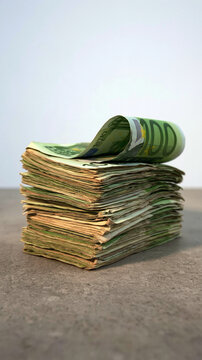 Stack of Euro Banknotes: A thick stack of euro banknotes, with one note partially unfurled, rests on a textured surface, symbolizing financial wealth and currency.