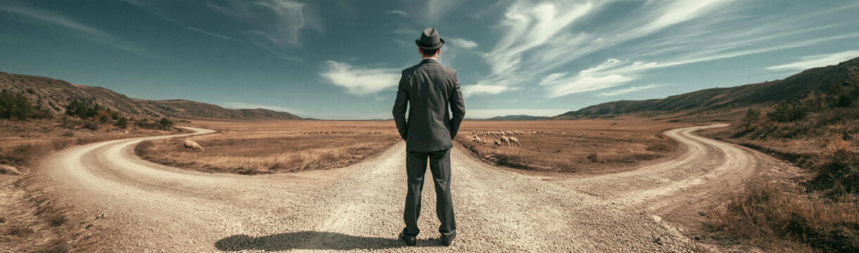 Dilemma on the Horizon: A solitary figure in a suit stands at a crossroads, contemplating two divergent paths under a vast, dramatic sky, symbolizing a critical decision.