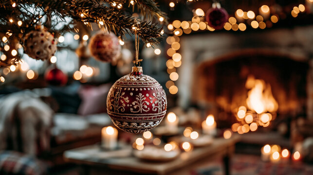 Close up of decorative red christmas bauble hanging by warm fireplace with christmas ornamen