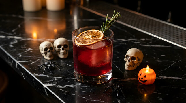 A spooky Halloween themed cocktail served on a dark marble bar top with skulls and decorations.