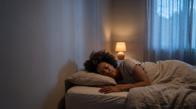 Black woman sleeps peacefully in bedroom for rest and wellness