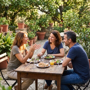 Friends share a screen free outdoor meal and meaningful conversation