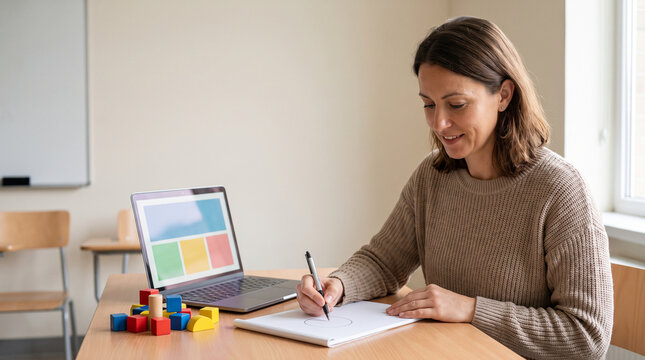 Teacher plans digital lesson for creative classroom learning