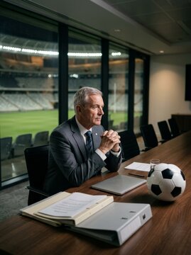 Businessman considering sports contract terms in a stadium office