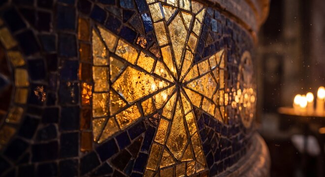 Geometric cross motif made of gold leaf glass mosaic tesserae in basilica