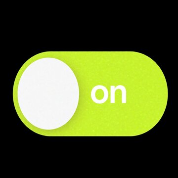 Green toggle switch graphic with word on appears in white. Round slider button is on left. Interface element signifies activation or selection. Simple abstract digital graphic.