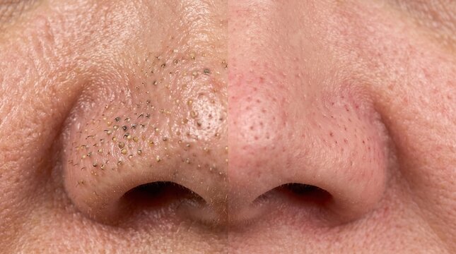Split Screen Macro Comparison of Nose Blackheads Clogged Pores Before and After Extraction