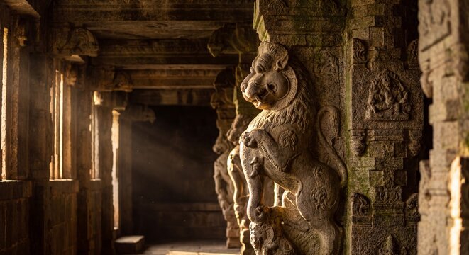 Mythological yali beast carved into massive granite pillar in stone temple